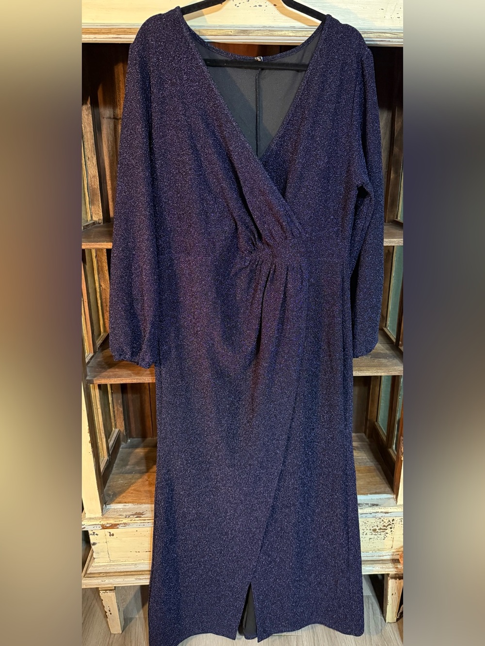 Glittery Deep Navy Wrap Maxi Dress with Long Sleeves